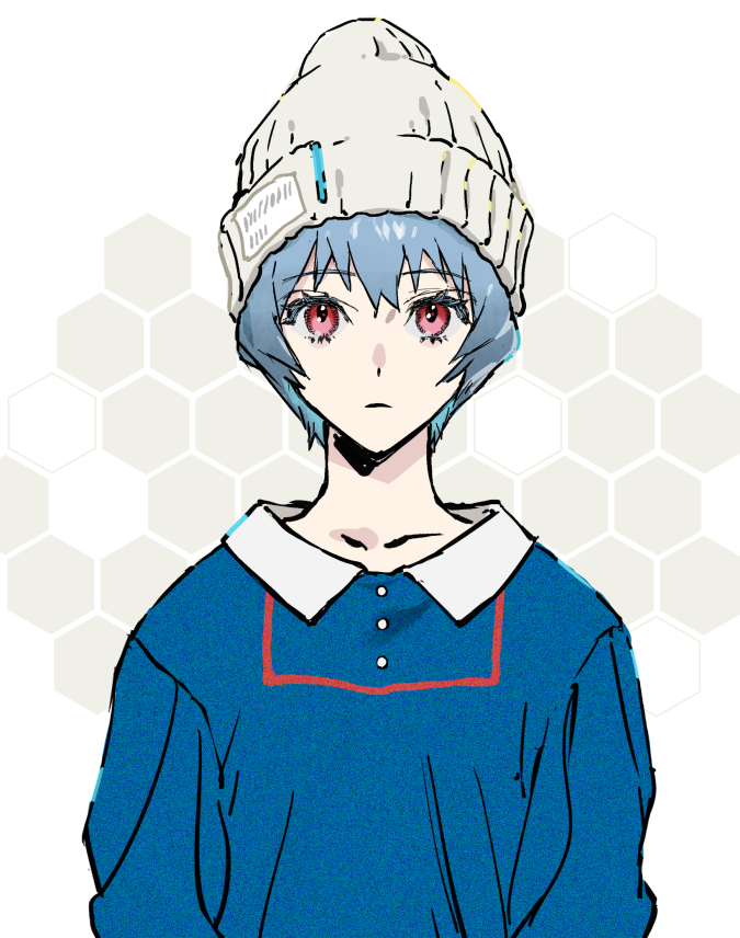 1girl ayanami_rei beanie blue_hair blue_shirt casual closed_mouth expressionless grey_headwear hat looking_at_viewer neon_genesis_evangelion red_eyes sankomichi shirt short_hair solo upper_body