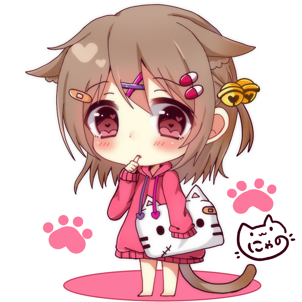 1girl animal_ear_fluff animal_ears bandaid_hair_ornament bangs barefoot bell brown_eyes brown_hair cat_ears cat_girl cat_pillow cat_tail chibi colored_shadow commentary_request drawstring eyebrows_visible_through_hair full_body hair_bell hair_between_eyes hair_ornament hairclip heart heart-shaped_pupils hood hood_down hoodie jingle_bell long_hair long_sleeves looking_at_viewer nyano21 one_side_up original parted_lips pink_hoodie shadow signature sleeves_past_fingers sleeves_past_wrists solo standing symbol-shaped_pupils tail thumb_sucking white_background x_hair_ornament