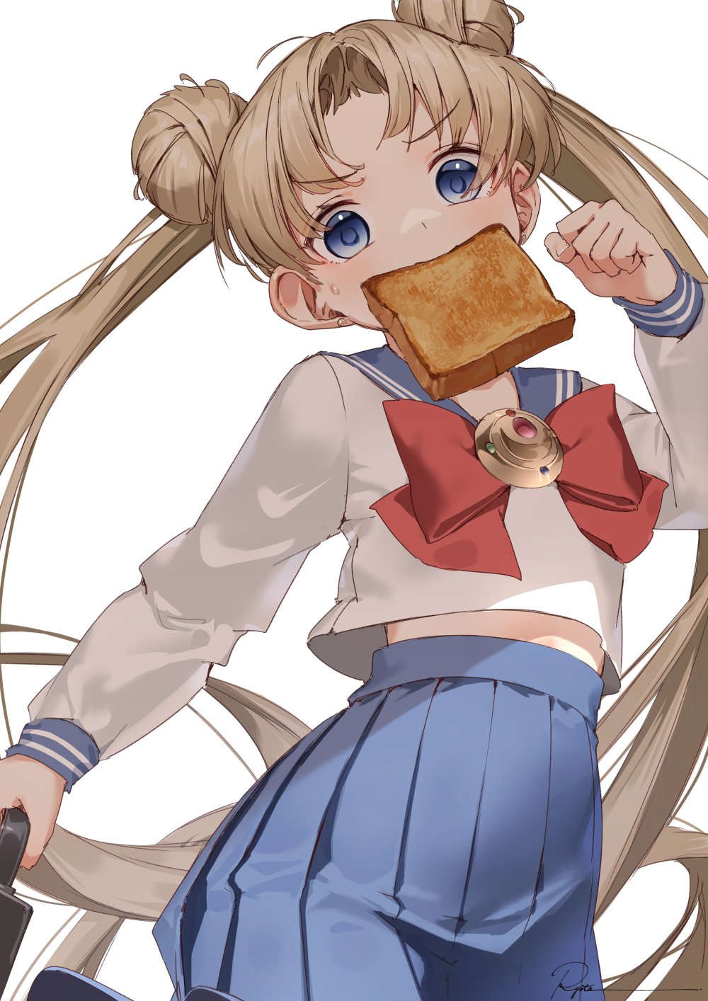 1girl bangs bishoujo_senshi_sailor_moon blue_eyes blue_sailor_collar blue_skirt blush bow bowtie brown_hair clenched_hand cowboy_shot double_bun earrings eyebrows_visible_through_hair food food_in_mouth highres holding jewelry long_hair long_sleeves looking_at_viewer midriff_peek mouth_hold parted_bangs pleated_skirt red_bow red_neckwear ryota_(ry_o_ta) sailor_collar school_uniform serafuku shirt signature simple_background skirt solo stud_earrings sweat toast toast_in_mouth tsukino_usagi twintails v-shaped_eyebrows very_long_hair white_background white_shirt