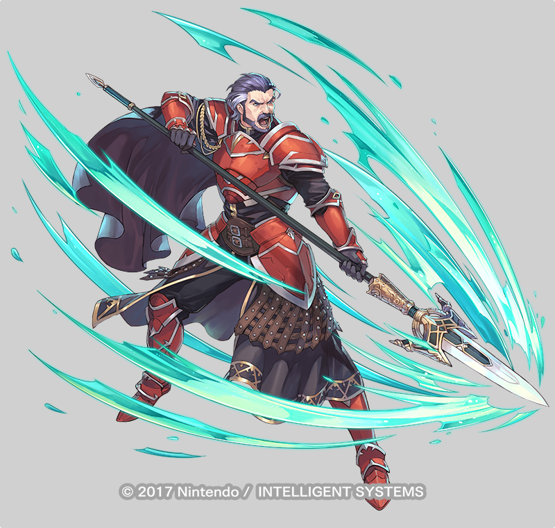 1boy armor aureolin31 beard belt black_pants brown_belt buckle cape commentary_request duessel_(fire_emblem) facial_hair fire_emblem fire_emblem:_the_sacred_stones fire_emblem_heroes frown full_body gauntlets gold_trim greaves grey_background grey_hair holding holding_weapon multicolored_hair mustache official_art open_mouth pants pauldrons polearm purple_cape purple_shirt red_armor serious shirt shoulder_armor simple_background spear two-tone_hair watermark weapon white_hair wrinkles