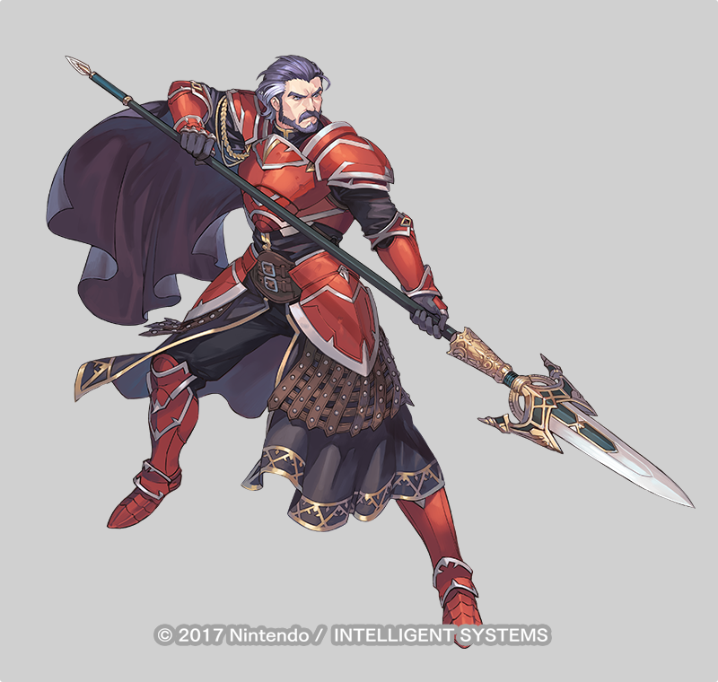 1boy armor aureolin31 beard belt black_pants brown_belt buckle cape closed_mouth commentary_request duessel_(fire_emblem) facial_hair fire_emblem fire_emblem:_the_sacred_stones fire_emblem_heroes frown full_body gauntlets gold_trim greaves grey_background grey_hair holding holding_weapon multicolored_hair mustache official_art pants pauldrons polearm purple_cape purple_shirt red_armor serious shirt shoulder_armor simple_background spear two-tone_hair watermark weapon white_hair wrinkles