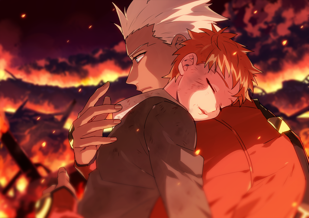 2boys archer blurry blurry_background burning carrying child closed_eyes dark_skin dark_skinned_male dirty embers emiya_shirou fate/stay_night fate_(series) from_side head_on_another's_shoulder holding holding_person k_gear_labo multiple_boys redhead time_paradox white_hair younger