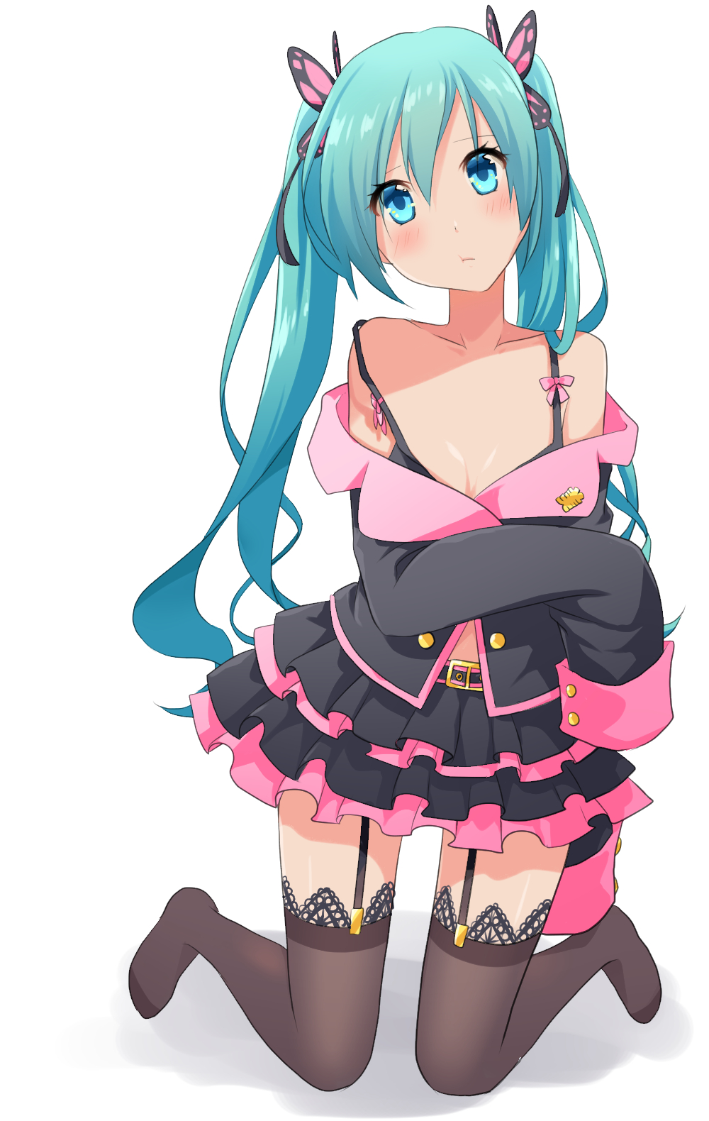 1girl aira_(exp) aqua_eyes aqua_hair belt black_bra black_legwear black_shirt black_skirt bra butterfly_hair_ornament collarbone commentary frilled_skirt frills garter_straps hair_ornament hatsune_miku head_tilt highres honey_whip_(module) kneeling lace-trimmed_legwear lace_trim layered_skirt light_blush long_hair looking_at_viewer miniskirt off-shoulder_shirt off_shoulder pout project_diva_(series) shirt skirt sleeves_past_fingers sleeves_past_wrists solo thigh-highs twintails underwear vocaloid white_background