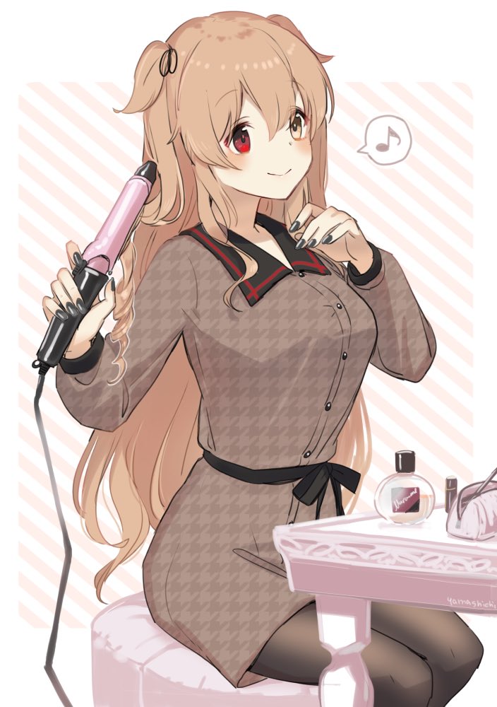 1girl alternate_costume artist_name black_legwear black_nails brown_eyes buttons closed_mouth eighth_note eyebrows_visible_through_hair fingernails hair_between_eyes heterochromia holding kantai_collection light_brown_hair long_hair long_sleeves murasame_(kantai_collection) musical_note nail_polish pantyhose red_eyes remodel_(kantai_collection) sitting smile solo spoken_musical_note yamashichi_(mtseven)