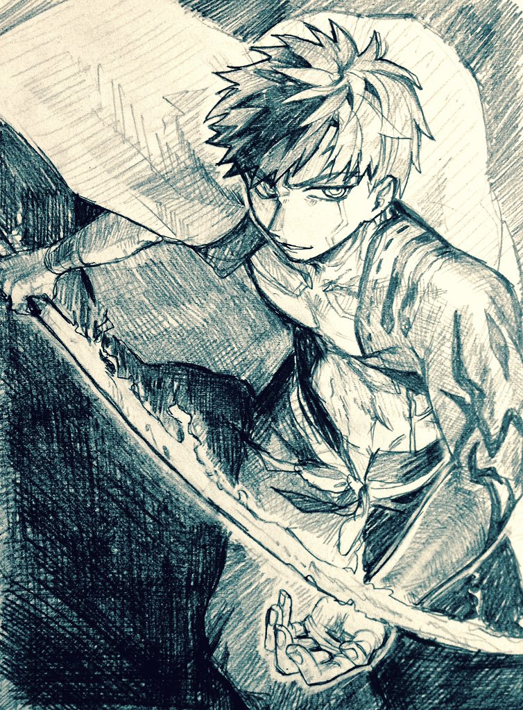 1boy cape crosshatching emiya_shirou facing_viewer fate/grand_order fate_(series) flaming_sword flaming_weapon greyscale hatching_(texture) holding holding_sword holding_weapon igote kani_seijin limited/zero_over male_focus monochrome outstretched_hand sengo_muramasa_(fate) solo sword weapon