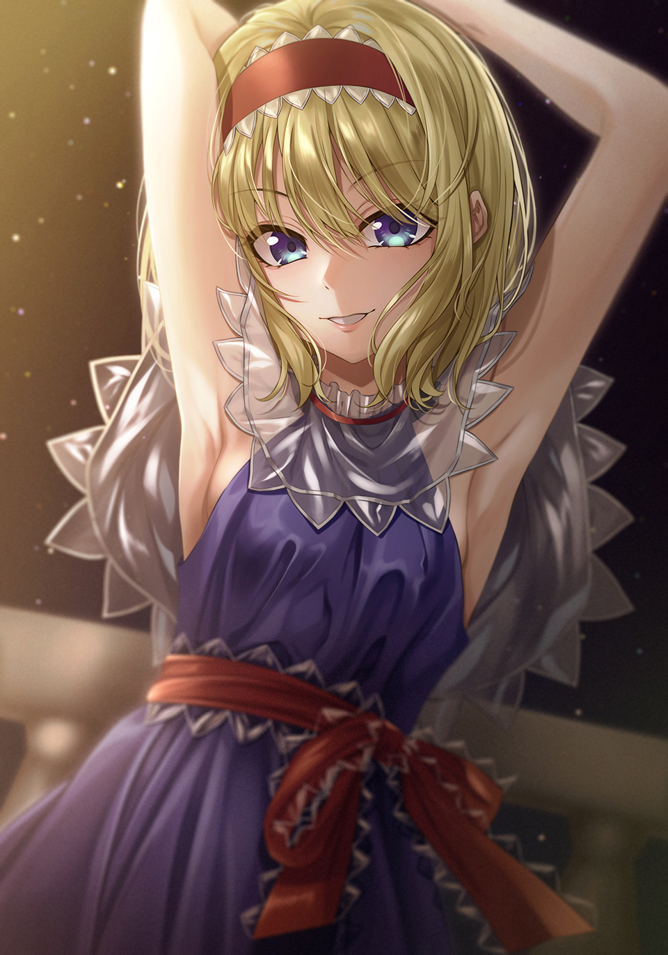 1girl :d adapted_costume akane_hazuki alice_margatroid armpits arms_up bangs blonde_hair blue_dress blue_eyes breasts capelet commentary_request dress eyebrows_visible_through_hair hairband highres light looking_at_viewer night night_sky open_mouth railing red_hairband red_ribbon ribbon sash see-through short_hair sideboob sky sleeveless sleeveless_dress small_breasts smile solo touhou upper_body
