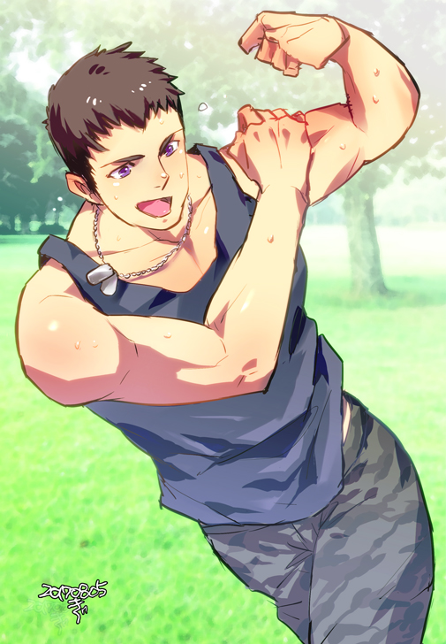 1boy alternate_costume bare_arms bare_shoulders blue_tank_top brown_hair camouflage camouflage_pants collarbone cowboy_shot flexing idolmaster idolmaster_side-m jewelry kiduguch male_focus necklace pants pose running shingen_seiji short_hair solo tank_top toned toned_male violet_eyes