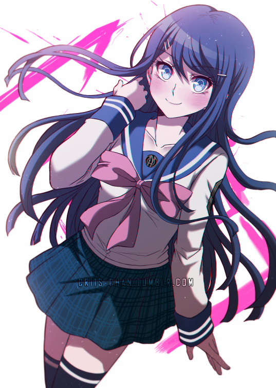 1girl bangs black_legwear blue_eyes blue_hair blue_skirt blush bow closed_mouth collarbone commentary_request cowboy_shot criis-chan dangan_ronpa dangan_ronpa_1 dutch_angle floating_hair hair_ornament hairclip large_bow long_hair long_sleeves looking_at_viewer maizono_sayaka miniskirt pink_bow plaid plaid_skirt pleated_skirt sailor_collar school_uniform serafuku shirt simple_background skirt smile solo thigh-highs tumblr_username watermark web_address white_background white_shirt zettai_ryouiki