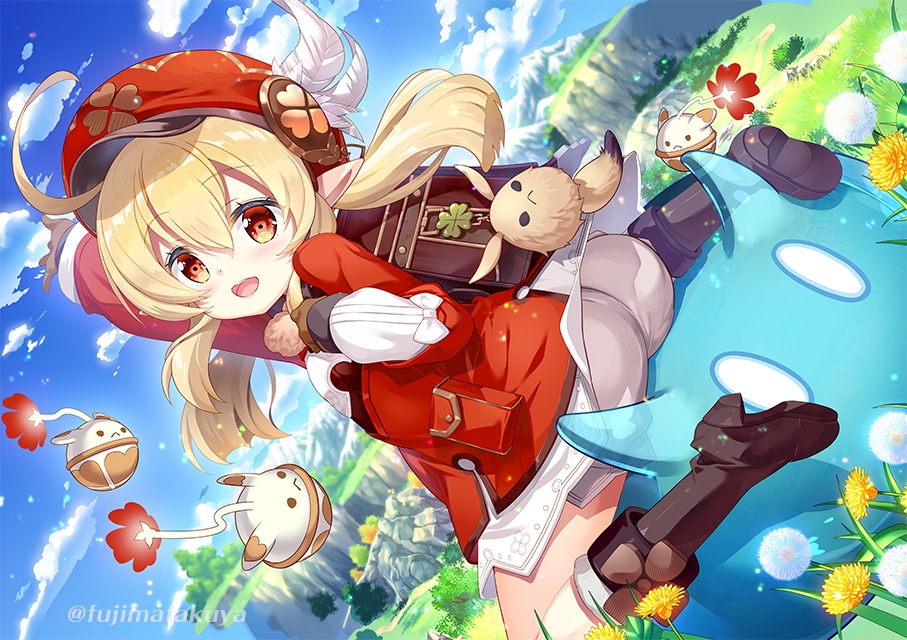 1girl ahoge arm_up blonde_hair bloomers blurry blurry_background boots clouds commentary_request fujima_takuya genshin_impact gloves grasslands hat klee_(genshin_impact) landscape looking_at_viewer medium_hair orange_eyes plant pointy_ears rock sitting sky slime underwear