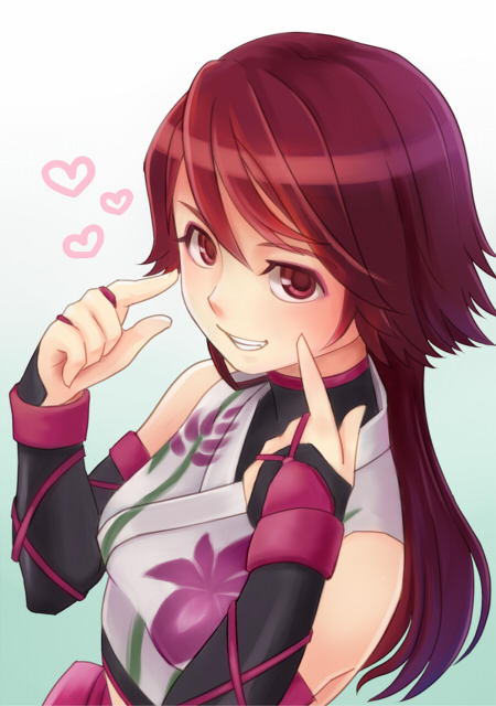 1girl :d brown_hair commentary_request finger_to_face gradient gradient_background green_background heart kunoichi_(sengoku_musou) long_hair looking_at_viewer midorijikano ninja open_mouth sengoku_musou simple_background smile solo upper_body white_background