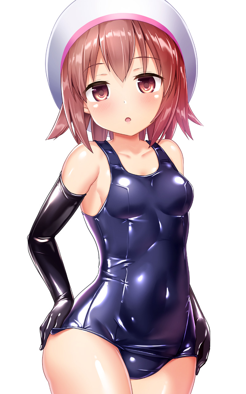 1girl :o bangs blue_swimsuit blush brown_eyes brown_hair elbow_gloves eyebrows_visible_through_hair gloves hand_on_hip hat highres looking_at_viewer naka one-piece_swimsuit original school_swimsuit shiny shiny_clothes shiny_skin shiny_swimsuit short_hair solo swimsuit white_background