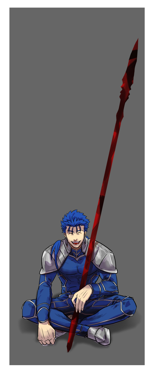 1boy :d ^_^ blue_hair closed_eyes cu_chulainn_(fate)_(all) fate/stay_night fate_(series) gae_bolg grey_background grin highres indian_style lancer long_hair male_focus open_mouth polearm ponytail simoich sitting smile solo spear weapon