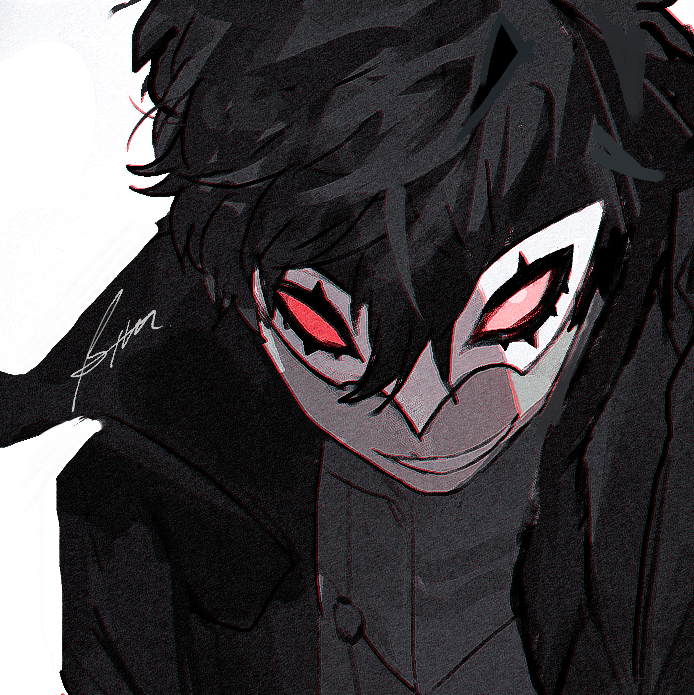 1boy amamiya_ren black_coat black_hair btmr_game coat cropped grin hair_between_eyes male_focus mask persona persona_5 red_eyes signature smile solo