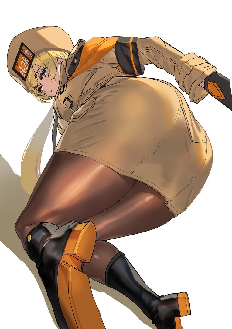 1girl ashiomi_masato bent_over black_gloves blonde_hair blue_eyes boots brown_coat brown_legwear coat commentary_request fur_hat gloves guilty_gear guilty_gear_strive hat looking_back millia_rage orange_scarf pantyhose scarf solo thighs ushanka