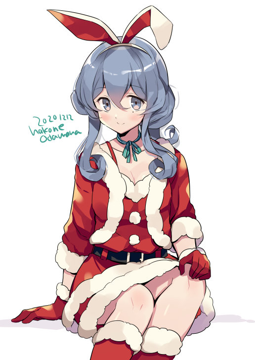 1girl alternate_costume animal_ears blue_eyes blue_hair boots commentary_request cowboy_shot dated dress fur-trimmed_boots fur-trimmed_dress fur-trimmed_jacket fur_trim gloves gotland_(kantai_collection) jacket kantai_collection long_hair looking_at_viewer mole mole_under_eye odawara_hakone rabbit_ears red_dress red_footwear red_gloves red_jacket sitting solo twitter_username