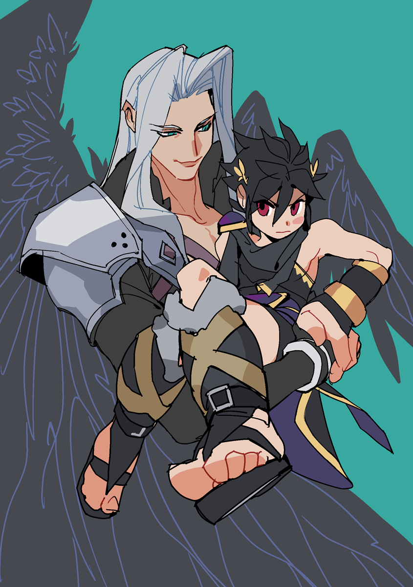 &gt;:( 2boys angel_wings aqua_background aqua_eyes armor armpits bangs black_hair black_wings blush collarbone commentary_request dark_pit eyebrows_visible_through_hair eyes_visible_through_hair feathered_wings final_fantasy final_fantasy_vii frown fur_trim gloves grey_hair hair_between_eyes hair_intakes highres holding kid_icarus kid_icarus_uprising long_hair looking_at_another male_focus multiple_boys parted_bangs pydiyudie red_eyes sandals sephiroth short_hair shoulder_armor simple_background single_wing size_difference smile super_smash_bros. trait_connection v-shaped_eyebrows wings