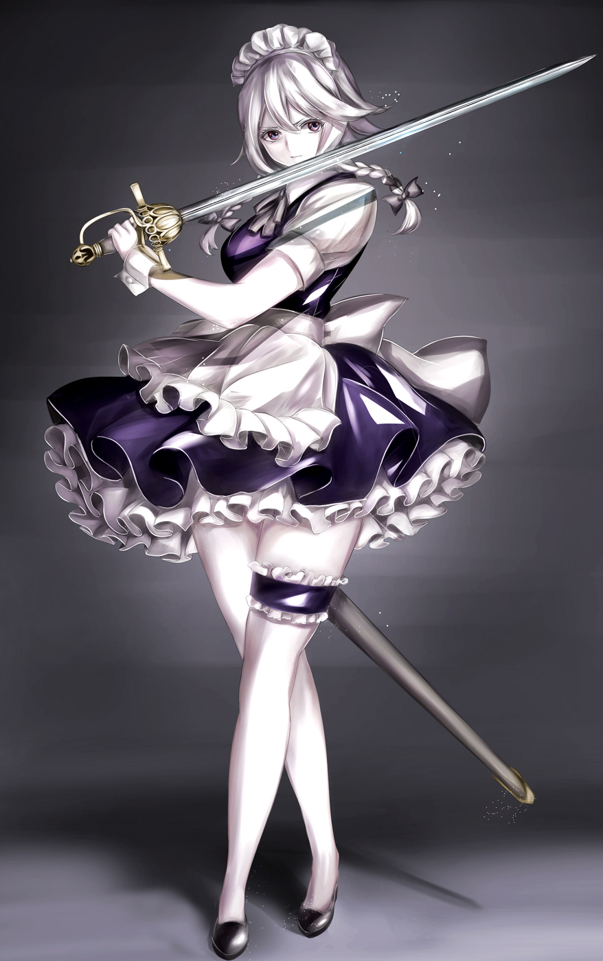 1girl apron back_bow black_bow black_dress black_footwear bow breasts closed_mouth commentary dress frills full_body gradient gradient_background grey_eyes grey_neckwear grey_ribbon hair_between_eyes hair_bow hair_ribbon highres holding holding_sword holding_weapon izayoi_sakuya jan_(lightdragoon) leg_garter looking_to_the_side maid maid_apron maid_headdress medium_breasts neck_ribbon petticoat puffy_short_sleeves puffy_sleeves rapier revision ribbon shadow short_hair short_sleeves side_braids sidelocks silver_hair solo sword touhou tress_ribbon v-shaped_eyebrows wall weapon white_bow wrist_cuffs