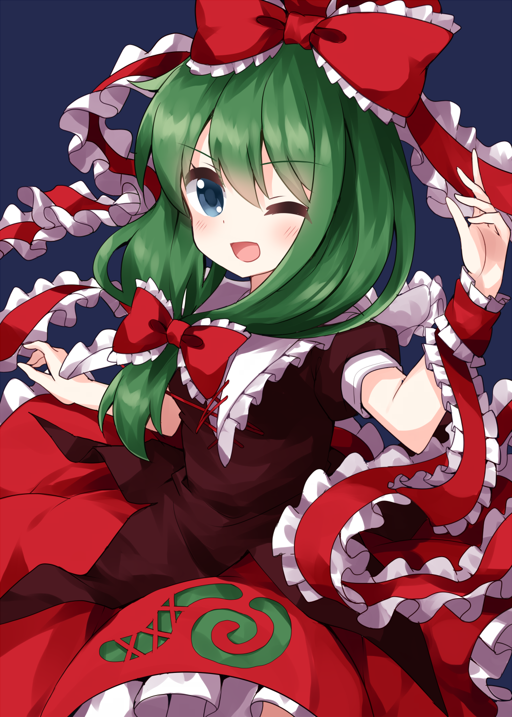 1girl arm_ribbon bangs black_background blue_eyes bow cowboy_shot dress eyebrows_visible_through_hair frilled_bow frilled_dress frilled_ribbon frills from_side front_ponytail green_hair hair_between_eyes hair_bow highres kagiyama_hina long_hair looking_at_viewer one_eye_closed open_mouth red_bow red_dress red_ribbon ribbon ruu_(tksymkw) short_sleeves simple_background smile solo spiral standing touhou