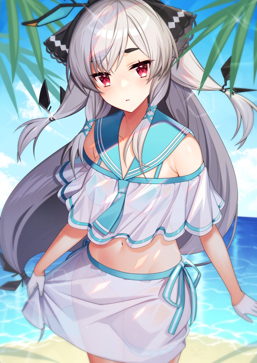 1girl arknights bangs bare_shoulders beach bikini bikini_under_clothes blue_bikini breasts gloves hair_ornament hair_ribbon hairband highres kinsenka_momi long_hair looking_at_viewer midriff navel red_eyes ribbon sailor_collar see-through sidelocks silver_hair solo standing swimsuit very_long_hair weedy_(arknights) white_gloves