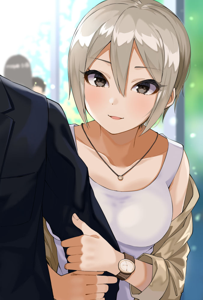 1boy 1girl arm_hug black_eyes collarbone commentary_request gomashi_(goma) grey_hair hair_between_eyes idolmaster idolmaster_cinderella_girls jewelry looking_at_viewer necklace off_shoulder open_mouth out_of_frame shiomi_shuuko short_hair smile solo_focus watch watch