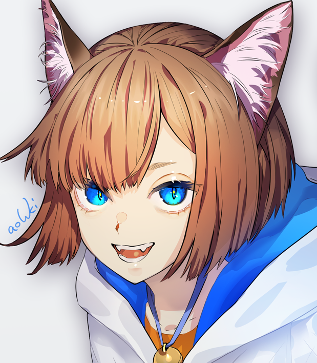 1girl animal_ear_fluff animal_ears bell blue_eyes brown_hair cat_ears cat_girl collarbone cropped face fangs halloween hood hood_down hoodie jewelry necklace open_mouth original short_hair signature slit_pupils smile solo teeth tongue upper_body waterstaring white_hoodie