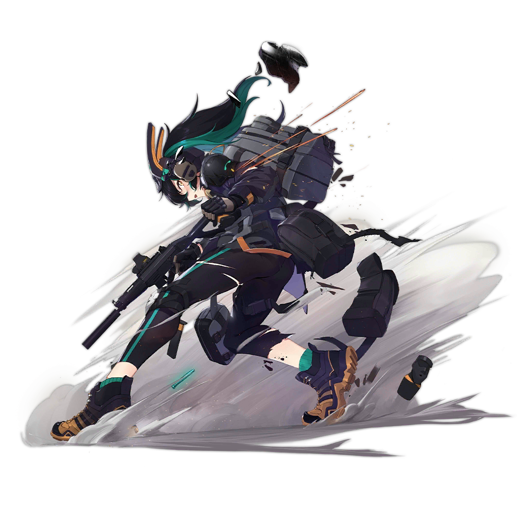 1girl bangs black_gloves black_hair boots brown_footwear damaged famae_saf from_side full_body girls_frontline gloves green_hair green_legwear gun hair_between_eyes headgear headphones holding holding_gun holding_weapon knee_pads long_hair long_sleeves multicolored_hair official_alternate_costume official_art open_mouth ranyu saf_(girls_frontline) scope shoelaces socks solo standing streaked_hair submachine_gun suppressor torn_clothes torn_sleeves transparent_background twintails weapon yellow_eyes