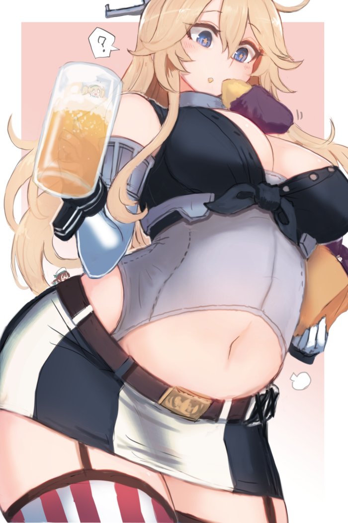 3girls ? alcohol beer beer_mug blonde_hair blue_eyes breasts cowboy_shot cup elbow_gloves eyebrows_visible_through_hair fairy_(kantai_collection) food front-tie_top gambier_bay_(kantai_collection) giantess gloves hair_between_eyes holding holding_cup iowa_(kantai_collection) kantai_collection large_breasts long_hair motion_lines mug multiple_girls navel parted_lips size_difference solo spoken_question_mark star-shaped_pupils star_(symbol) sweet_potato symbol-shaped_pupils symbol_commentary thigh-highs utopia