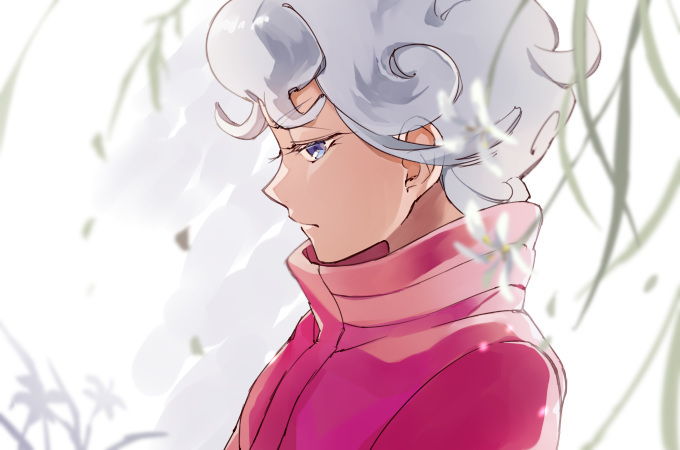 1boy bangs bede_(pokemon) blue_eyes closed_mouth coat commentary curly_hair eyebrows_visible_through_hair eyelashes flower grey_hair half-closed_eyes leaves_in_wind male_focus pokemon pokemon_(game) pokemon_swsh popped_collar purple_coat sasairebun short_hair solo upper_body white_flower