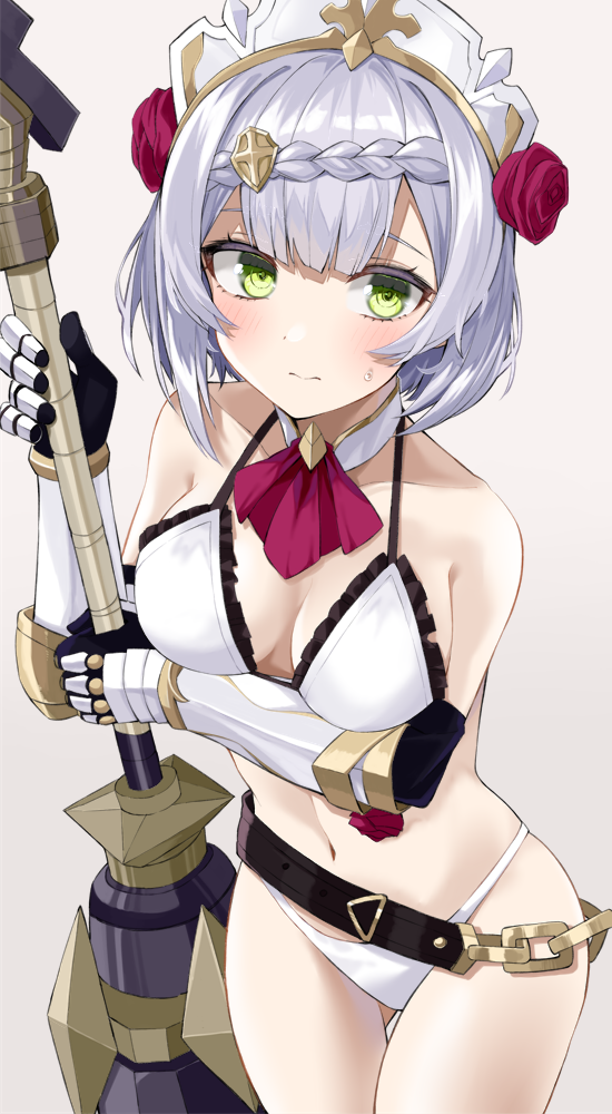 1girl ascot bare_shoulders belt bikini black_gloves braid breasts club cowboy_shot detached_collar elbow_gloves gauntlets genshin_impact gloves gold_trim gomashi_(goma) green_eyes hat holding holding_weapon looking_at_viewer loose_belt medium_breasts navel noelle_(genshin_impact) short_hair silver_hair simple_background solo standing stomach sweatdrop swimsuit thigh_gap thighs weapon white_background white_bikini white_headwear