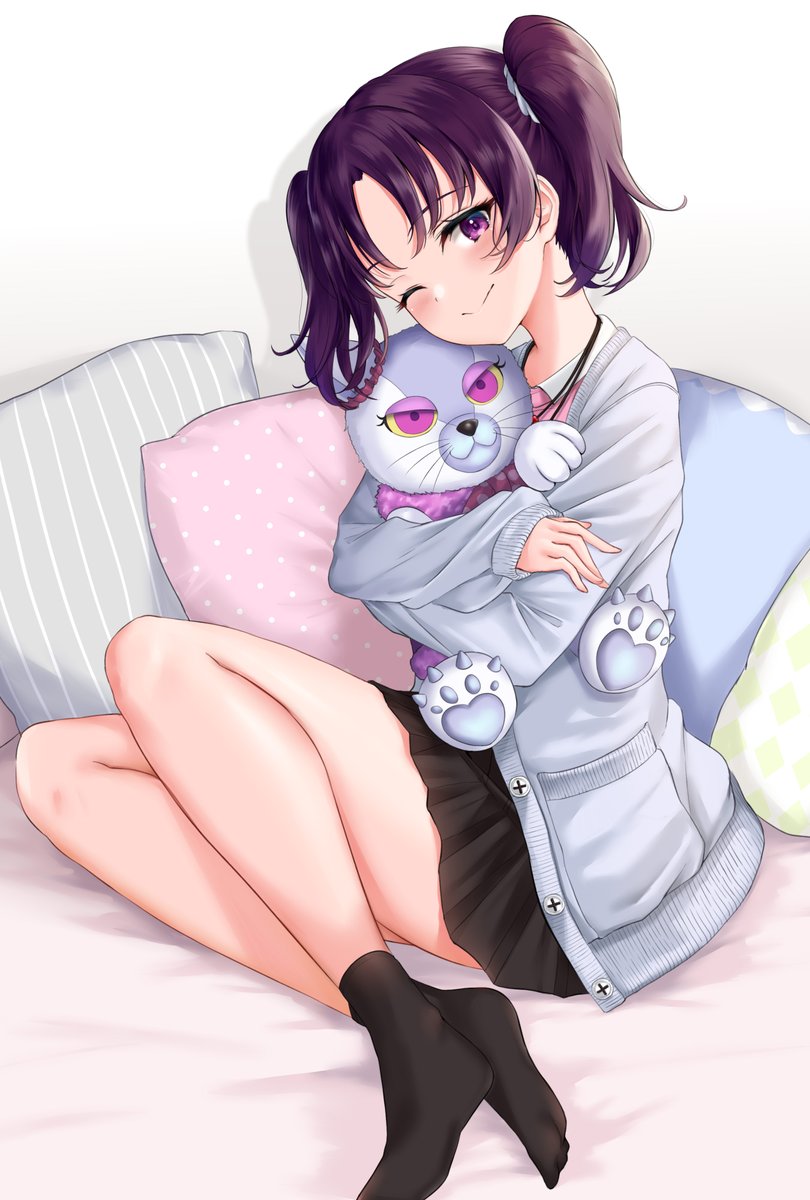 1girl bangs black_legwear black_skirt blush closed_mouth eyelashes highres kazuno_leah long_sleeves looking_at_viewer love_live! love_live!_sunshine!! miniskirt no_shoes object_hug on_bed one_eye_closed purple_hair rama_(yu-light8) scrunchie sitting skirt smile socks stuffed_animal stuffed_toy sweater twintails violet_eyes