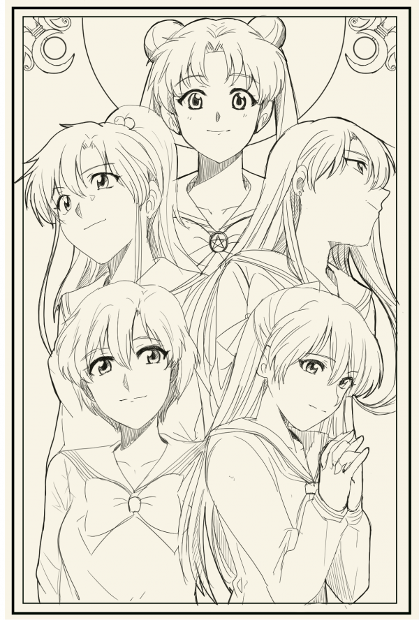 5girls aino_minako bangs bishoujo_senshi_sailor_moon bow breasts brooch closed_mouth collarbone crescent double_bun hair_bow hair_ornament half_updo hino_rei inner_senshi jewelry kino_makoto light_smile long_hair looking_at_viewer medium_breasts mizuno_ami monochrome multiple_girls neck_ribbon neckerchief ponytail profile ribbon sailor_collar school_uniform shirt short_hair smile tsubobot tsukino_usagi twintails very_long_hair