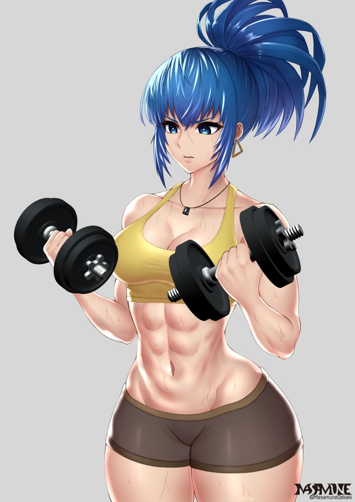 1girl abs bangs biceps black_shorts blue_eyes blue_hair breasts dog_tags dumbbell earrings high_ponytail jewelry leona_heidern masamune_oekaki midriff muscle muscular_female navel ponytail shorts solo sweat sweatdrop tank_top the_king_of_fighters training triangle_earrings yellow_tank_top