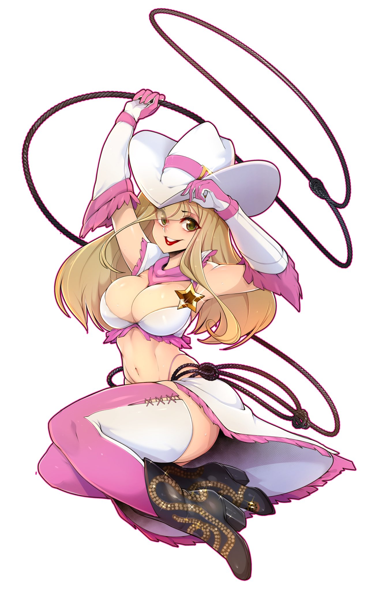 :d ankle_boots bandana bikini black_footwear blonde_hair boots breasts commentary commission cowboy_hat elbow_gloves english_commentary full_body glint gloves green_eyes hand_on_headwear hand_up hat high_heel_boots high_heels highres holding_lasso large_breasts lasso lipstick long_hair looking_at_viewer makeup multicolored multicolored_clothes multicolored_gloves multicolored_legwear navel open_mouth original pink_gloves pink_legwear red_lips red_lipstick sheriff_badge simple_background slugbox smile swimsuit thigh-highs waist_cape white_background white_gloves white_headwear white_legwear