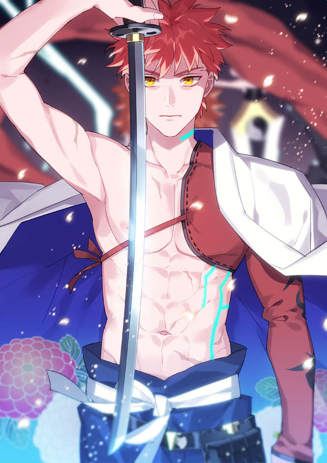 1boy abs back-to-back blurry blurry_background emiya_shirou fate/grand_order fate_(series) holding holding_sword holding_weapon igote k_gear_labo kanshou_&amp;_bakuya katana limited/zero_over looking_at_viewer muscle nipples redhead scar sword upper_body weapon yellow_eyes