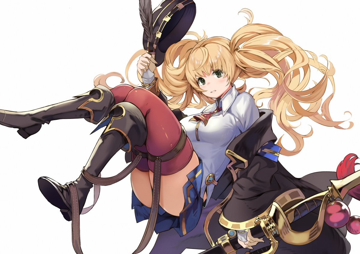 1girl blonde_hair boots granblue_fantasy grey_eyes hat hat_removed headwear_removed kurosawa_tetsu long_coat long_hair monika_weisswind sheath sheathed skirt sword thigh-highs thighs twintails weapon white_background