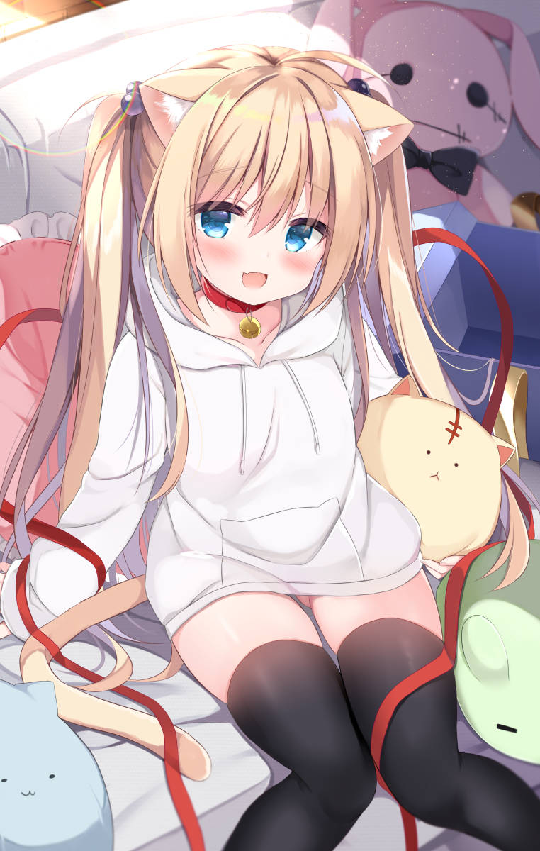 1girl :d animal_ear_fluff animal_ears ass_visible_through_thighs bangs bell bell_collar black_legwear blonde_hair blue_eyes blush cat_ears cat_girl cat_tail collar collarbone commentary_request couch drawstring eyebrows_visible_through_hair fang feet_out_of_frame hair_between_eyes hair_bobbles hair_ornament highres hood hood_down hoodie indoors jingle_bell knees_together_feet_apart kujou_danbo long_hair looking_at_viewer object_hug on_couch open_mouth original red_collar sitting smile solo stuffed_animal stuffed_bunny stuffed_cat stuffed_toy tail thigh-highs twintails very_long_hair white_hoodie