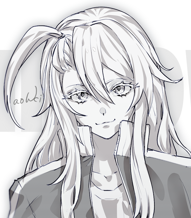 1boy :3 ahoge character_request check_gender collarbone cropped face greyscale hair_between_eyes jacket long_hair monochrome open_clothes open_jacket signature smile solo undead_unluck upper_body waterstaring zipper