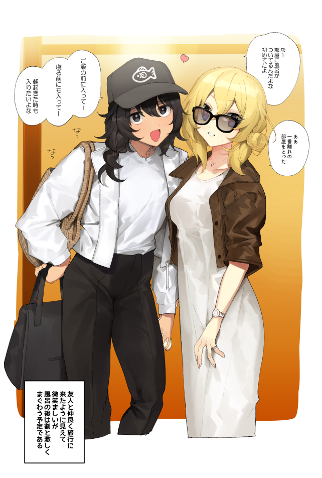 2girls alternate_hairstyle andou_(girls_und_panzer) baseball_cap black_ears black_eyes black_headwear blue_eyes braid breasts bright_pupils dress girls_und_panzer hat heart holding_hands jacket medium_breasts medium_hair multiple_girls open_mouth oshida_(girls_und_panzer) shirt smile speech_bubble sunglasses tan3charge translation_request white_dress white_jacket white_pupils white_shirt wife_and_wife yuri