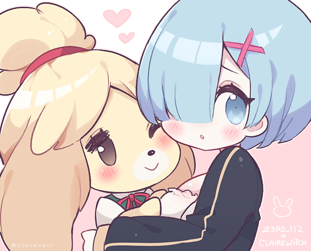 2girls animal_crossing animal_ears artist_name bangs black_jacket blonde_hair blue_hair blunt_bangs blush bob_cut breasts brown_eyes cheek-to-cheek clarevoir closed_mouth commentary crossover dog_ears dog_girl english_commentary english_text from_side furry green_vest hair_ornament hair_over_one_eye hair_tie hands_up happy heart hug isabelle_(animal_crossing) jacket long_sleeves looking_at_another looking_back medium_breasts multiple_girls neck_ribbon one_eye_closed open_mouth outline pink_background pink_outline re:zero_kara_hajimeru_isekai_seikatsu red_neckwear red_ribbon rem_(re:zero) ribbon shiny shiny_hair shiny_skin shirt short_hair short_sleeves simple_background smile tied_hair topknot twitter_username two-tone_background upper_body vest watermark white_shirt x_hair_ornament