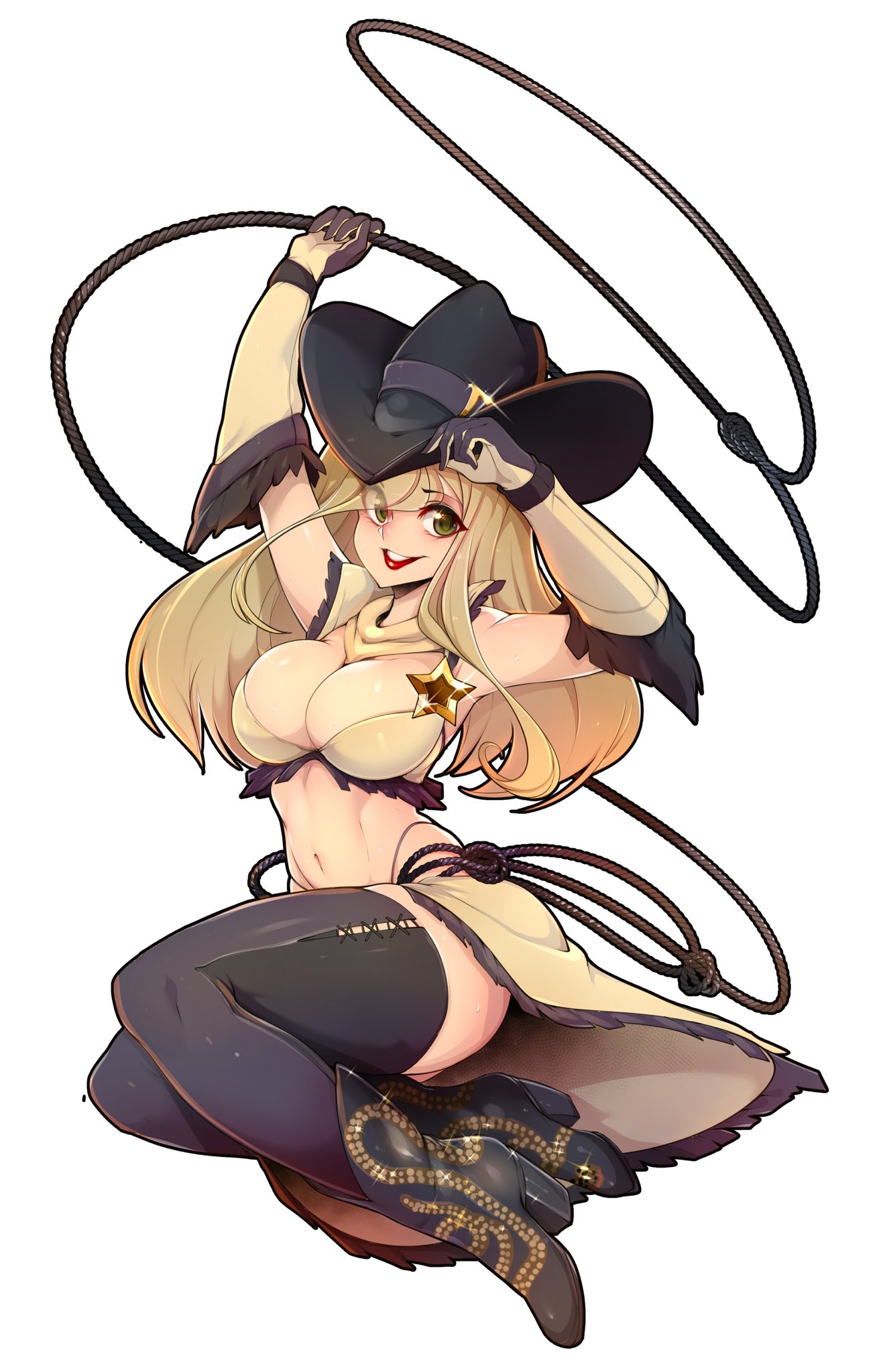:d ankle_boots bandana bikini black_footwear black_headwear blonde_hair boots breasts commentary cowboy_hat elbow_gloves english_commentary full_body glint gloves green_eyes grey_gloves grey_legwear hand_on_headwear hand_up hat high_heel_boots high_heels highres holding_lasso large_breasts lasso lipstick long_hair looking_at_viewer makeup multicolored multicolored_clothes multicolored_gloves navel open_mouth original red_lips red_lipstick sheriff_badge simple_background slugbox smile swimsuit thigh-highs waist_cape white_background