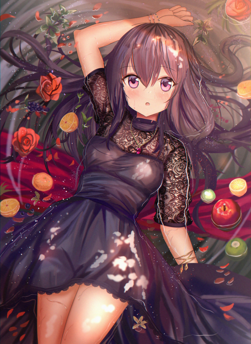 1girl :o ame_sagari apple arm_up bangs black_dress black_hair blush breasts commentary_request dress eyebrows_visible_through_hair flower food fruit hair_between_eyes long_hair looking_at_viewer lying on_back original parted_lips partially_submerged red_apple red_flower red_rose rose shallow_water short_sleeves small_breasts solo very_long_hair violet_eyes water