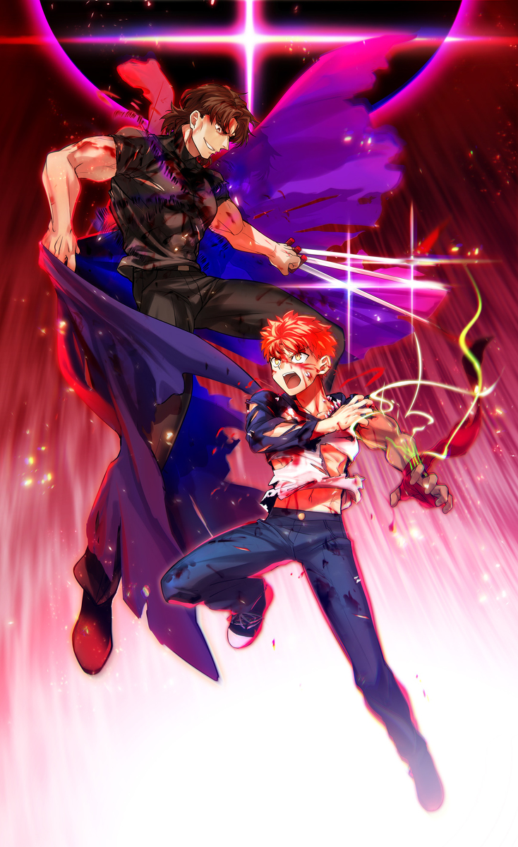 2boys black_keys blood blood_on_face bloody_clothes brown_hair denim emiya_shirou fate/stay_night fate_(series) fighting fighting_stance full_body heaven's_feel highres jeans kotomine_kirei looking_at_another male_focus multiple_boys outstretched_arm pants redhead smile sunday31 torn_clothes yellow_eyes