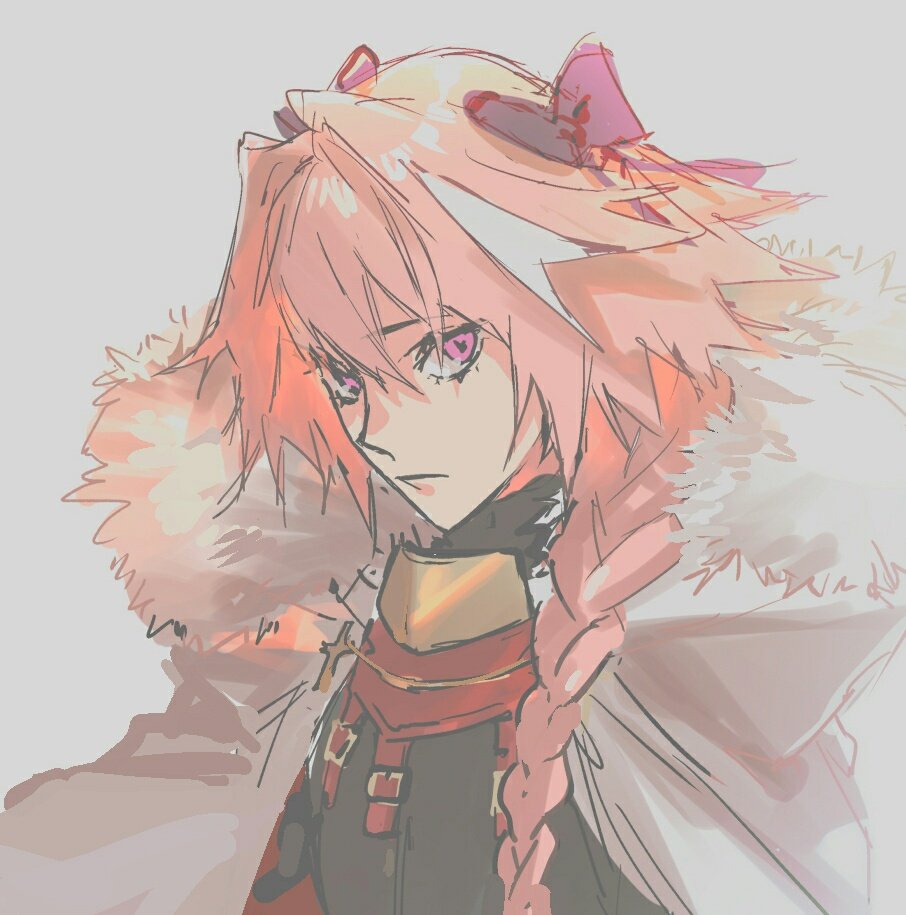 1boy astolfo_(fate) bad_id bad_twitter_id bow braid cape closed_mouth fate/apocrypha fate_(series) fur-trimmed_cape fur_trim gorget grey_background grey_cape hair_bow looking_at_viewer male_focus multicolored_hair otoko_no_ko pink_eyes pink_hair purple_bow sankomichi simple_background single_braid solo streaked_hair upper_body