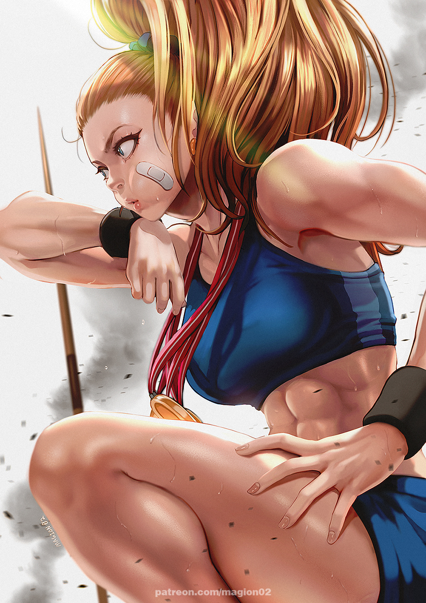 1girl abs bandage_on_face bandages bandaid bare_shoulders blue_eyes blue_scrunchie blue_sports_bra breasts brown_hair captain_mizuki earrings from_side high_ponytail highres jewelry long_hair magion02 medal medium_breasts midriff muscle muscular_female one-punch_man ponytail revision scrunchie solo sports_bra sweat thighs toned wristband