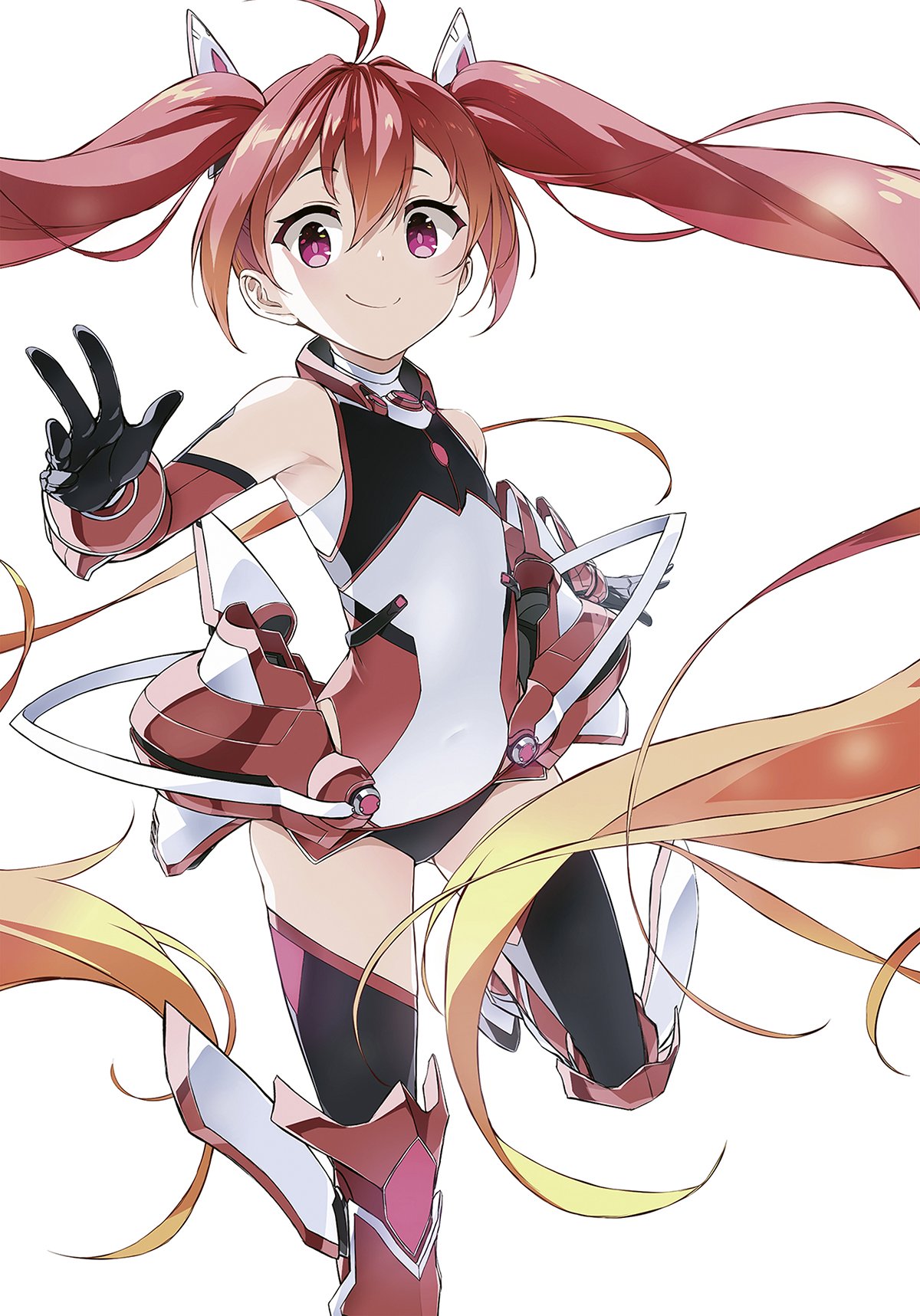 1girl antenna_hair bangs black_gloves black_legwear blonde_hair closed_mouth flat_chest floating_hair gloves gradient_hair hair_between_eyes hair_ornament highres leg_up leotard long_hair looking_at_viewer multicolored_hair official_art ore_twintail_ni_narimasu red_eyes redhead shiny shiny_hair simple_background smile solo tailred thigh-highs twintails very_long_hair white_background