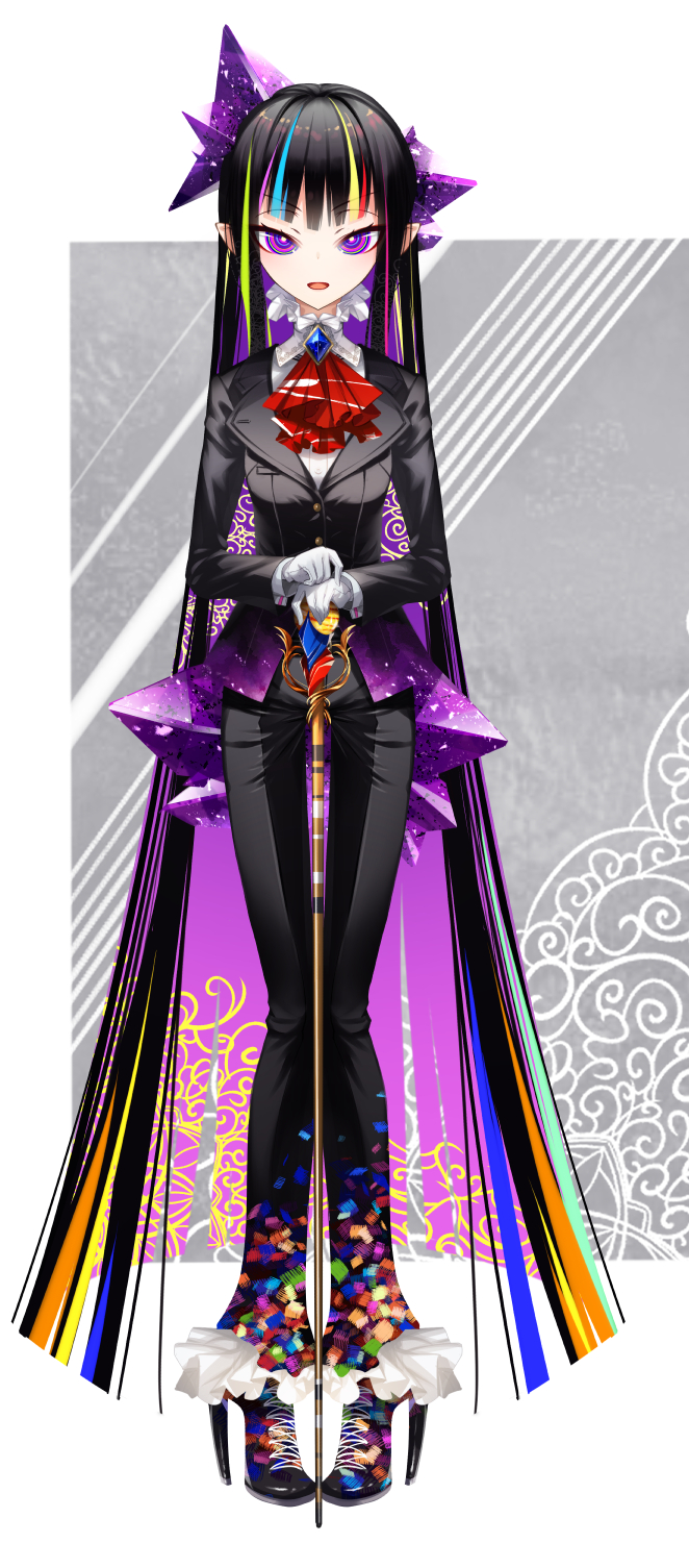 1girl :d bangs black_hair blonde_hair blue_hair cane cluseller formal full_body gloves hair_ornament high_heels highres long_hair looking_at_viewer multicolored_hair open_mouth original pant_suit pointy_ears redhead smile solo suit tsurime very_long_hair violet_eyes white_gloves