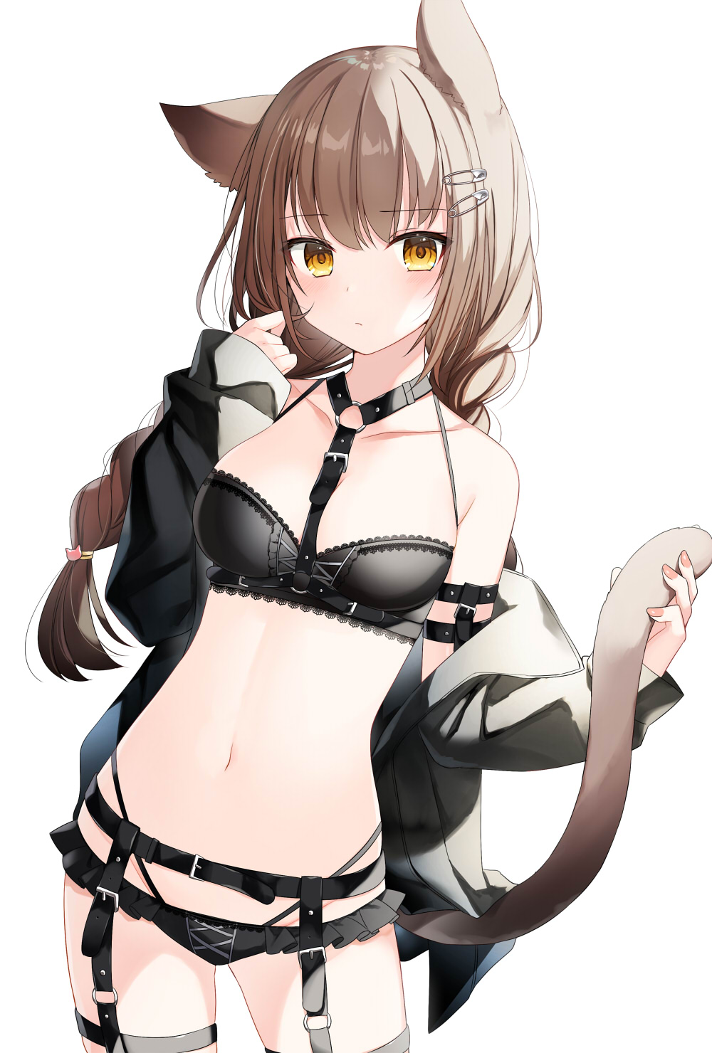 1girl animal_ears arm_strap bare_shoulders belt between_breasts black_bra black_jacket black_panties bra braid breasts brown_hair cat_ears cat_girl cat_tail collarbone cowboy_shot frilled_panties frills frown hair_ornament hairclip halterneck hand_up harness highleg highleg_panties highres holding_tail jacket lace-trimmed_bra lace_trim long_hair long_sleeves looking_at_viewer medium_breasts multi-strapped_panties navel off_shoulder open_clothes open_jacket original panties simple_background solo stomach strap string_bra string_panties tail tail_raised thighs twin_braids twintails underwear white_background yellow_eyes yon_(letter)