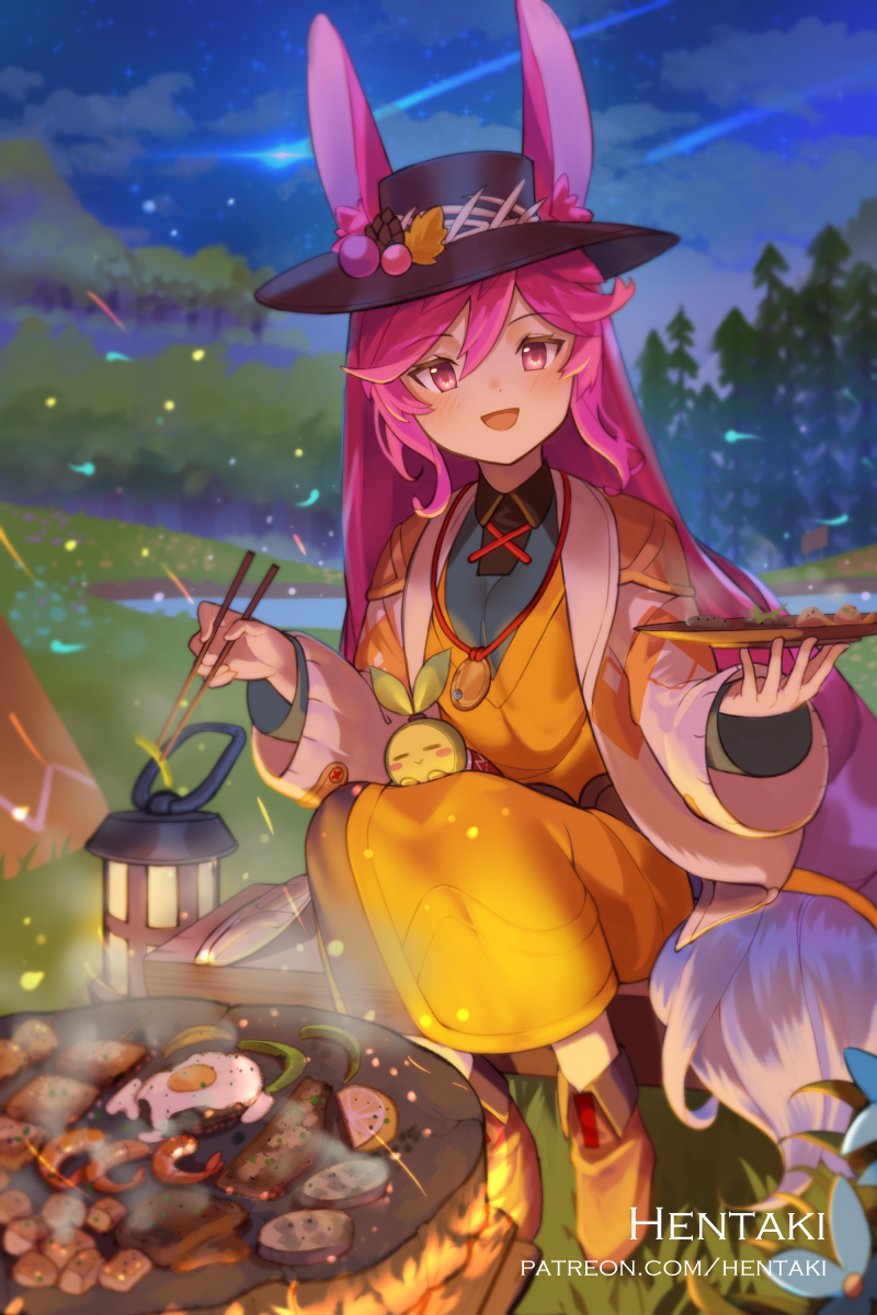 1girl :d animal_ear_fluff animal_ears artist_name bangs black_headwear blush chopsticks cleo_(dragalia_lost) clouds cloudy_sky commentary cooking dragalia_lost dress ears_through_headwear english_commentary eyebrows_visible_through_hair falling_star food hair_between_eyes hat hentaki highres holding holding_chopsticks holding_plate lantern long_hair long_sleeves looking_at_viewer night night_sky open_mouth outdoors pink_hair plate rabbit_ears red_eyes sitting sky smile solo very_long_hair watermark web_address yellow_dress