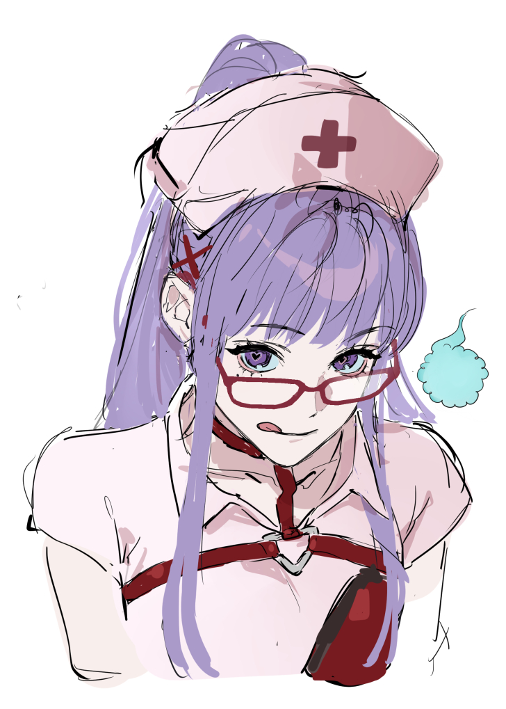 1girl :q character_request closed_mouth cropped_torso fate/grand_order fate_(series) glasses hair_ornament hat heart heart-shaped_pupils licking_lips long_hair looking_at_viewer nurse_cap pink_shirt ponytail purple_hair red-framed_eyewear sankomichi shirt short_sleeves simple_background smile solo symbol-shaped_pupils tongue tongue_out upper_body violet_eyes white_background x_hair_ornament