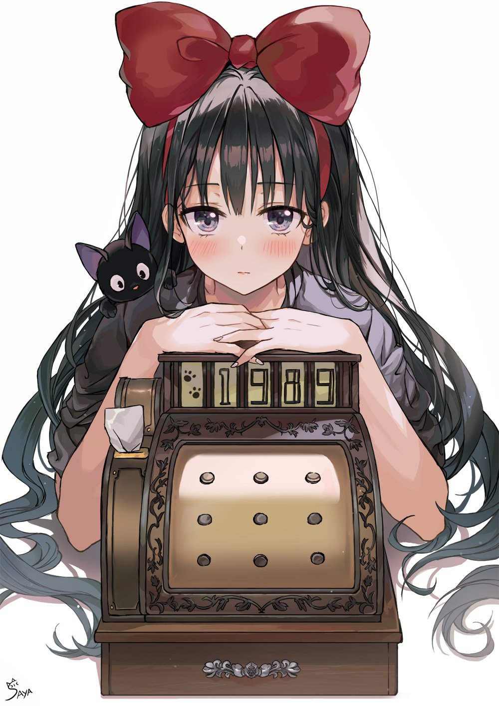 1girl animal_on_shoulder artist_name black_hair blush bow cash_register cat closed_mouth fingernails hair_bow highres jiji_(majo_no_takkyuubin) kiki long_hair looking_at_viewer majo_no_takkyuubin red_bow saya_(mychristian2) simple_background violet_eyes white_background